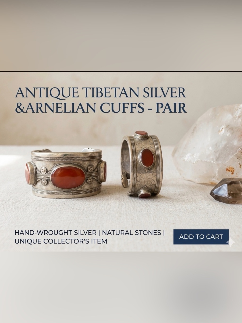 Tibetan Silver Cuff Bracelets with Red Carnelian Stones - Pair